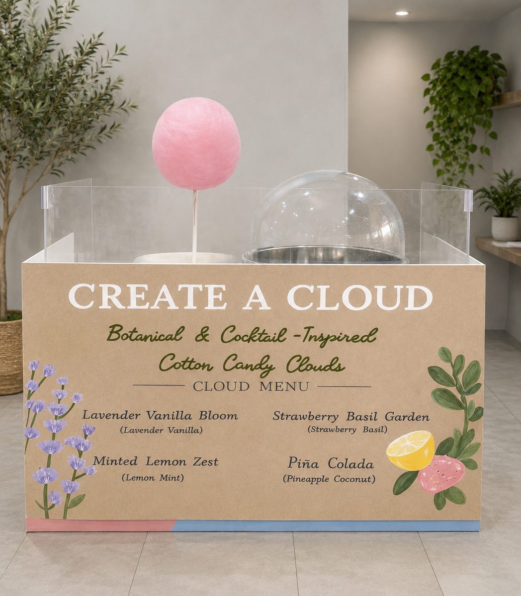 Hand-painted craft-paper banner on a Melania Cotton Candy cart